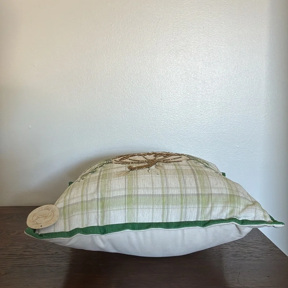 HP-NWT 16x16 Soft Green & Cream Plaid- Blessed Beaded Pumpkin Decorative Pillow